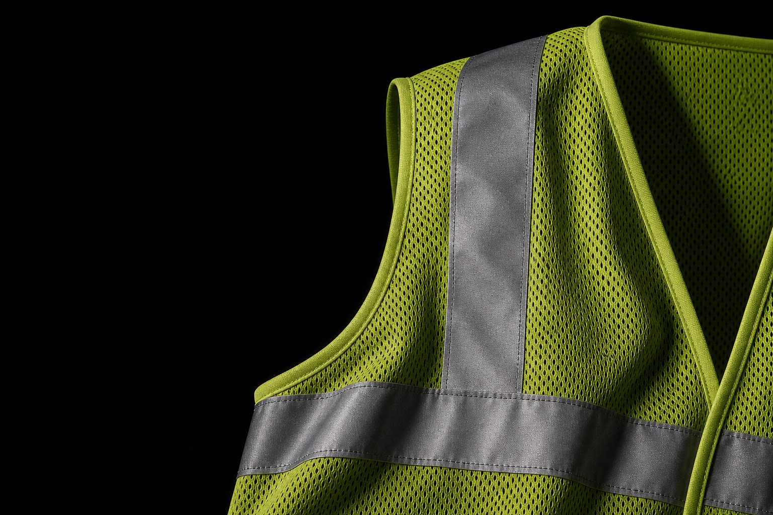 Close-up of breathable fluorescent mesh and reflective trim on a safety vest