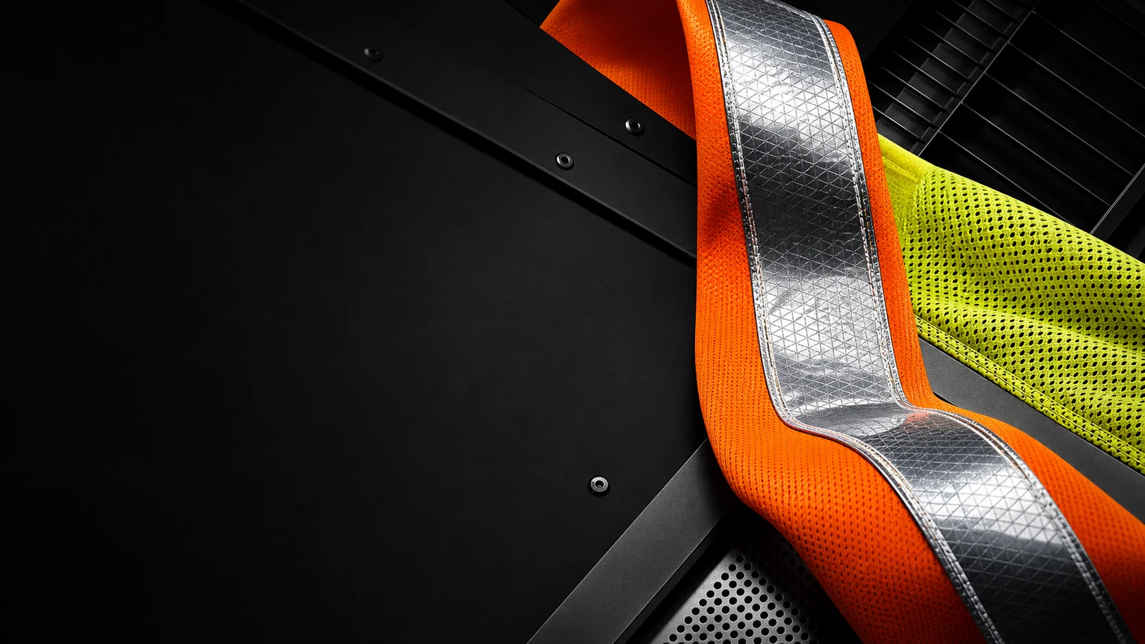 Orange and lime technical mesh with silver retroreflective tape arranged on a black industrial surface